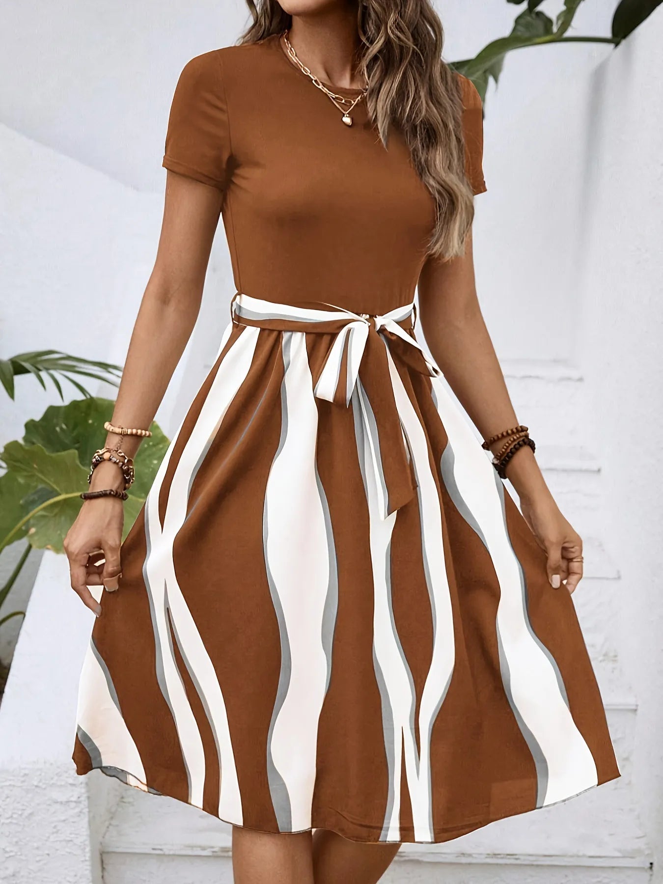 Sienna | Striped Midi Dress with Tie Belt at the Waist