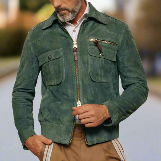 Veste en daim véritable – Coupe slim avec fermeture éclair et poches poitrine