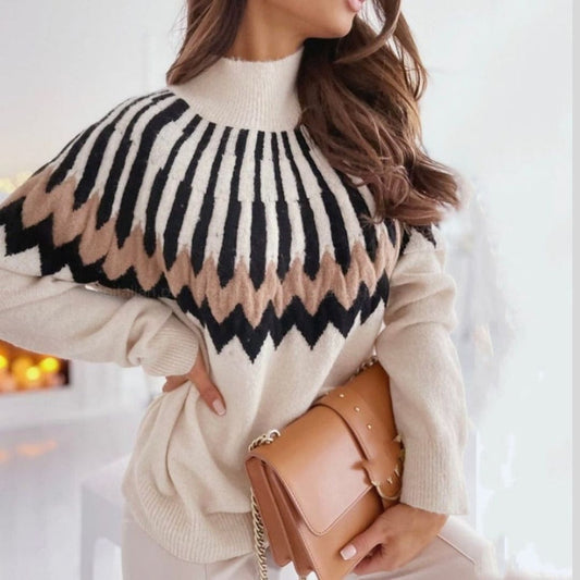 Pull femme Tove avec motif géométrique – Pull tricoté avec poignets côtelés