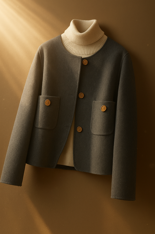 Erilda – Veste courte pour femme en mélange de laine avec col rond et boutons décoratifs