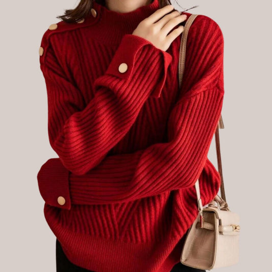 Pull Saphira brodé à col montant – Pull femme avec détail boutonnière