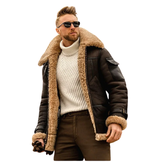 Blouson aviateur en cuir véritable pour homme – Doublure chaude en peau de mouton