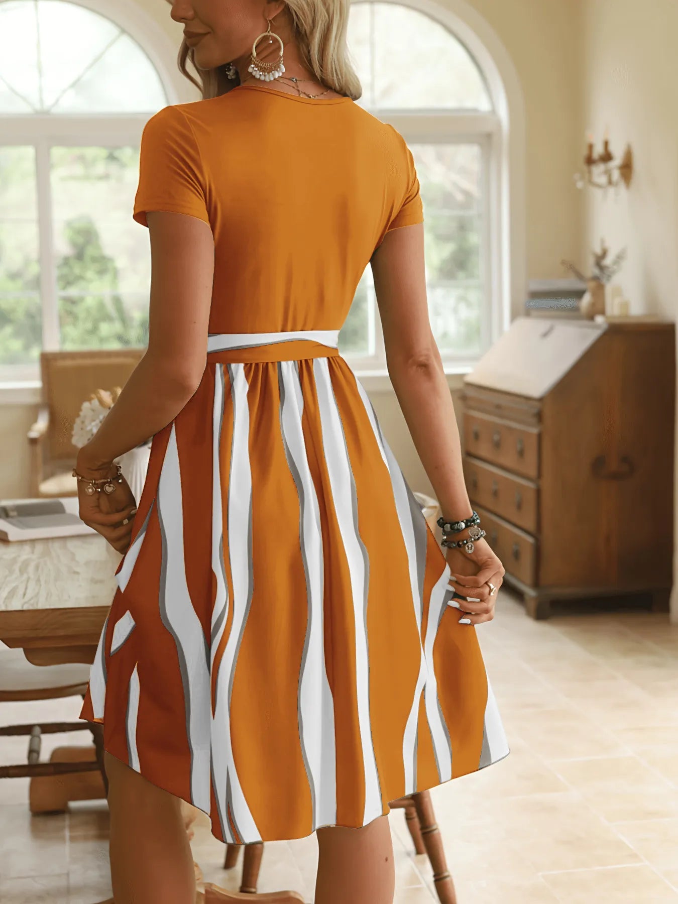 Sienna | Striped Midi Dress with Tie Belt at the Waist