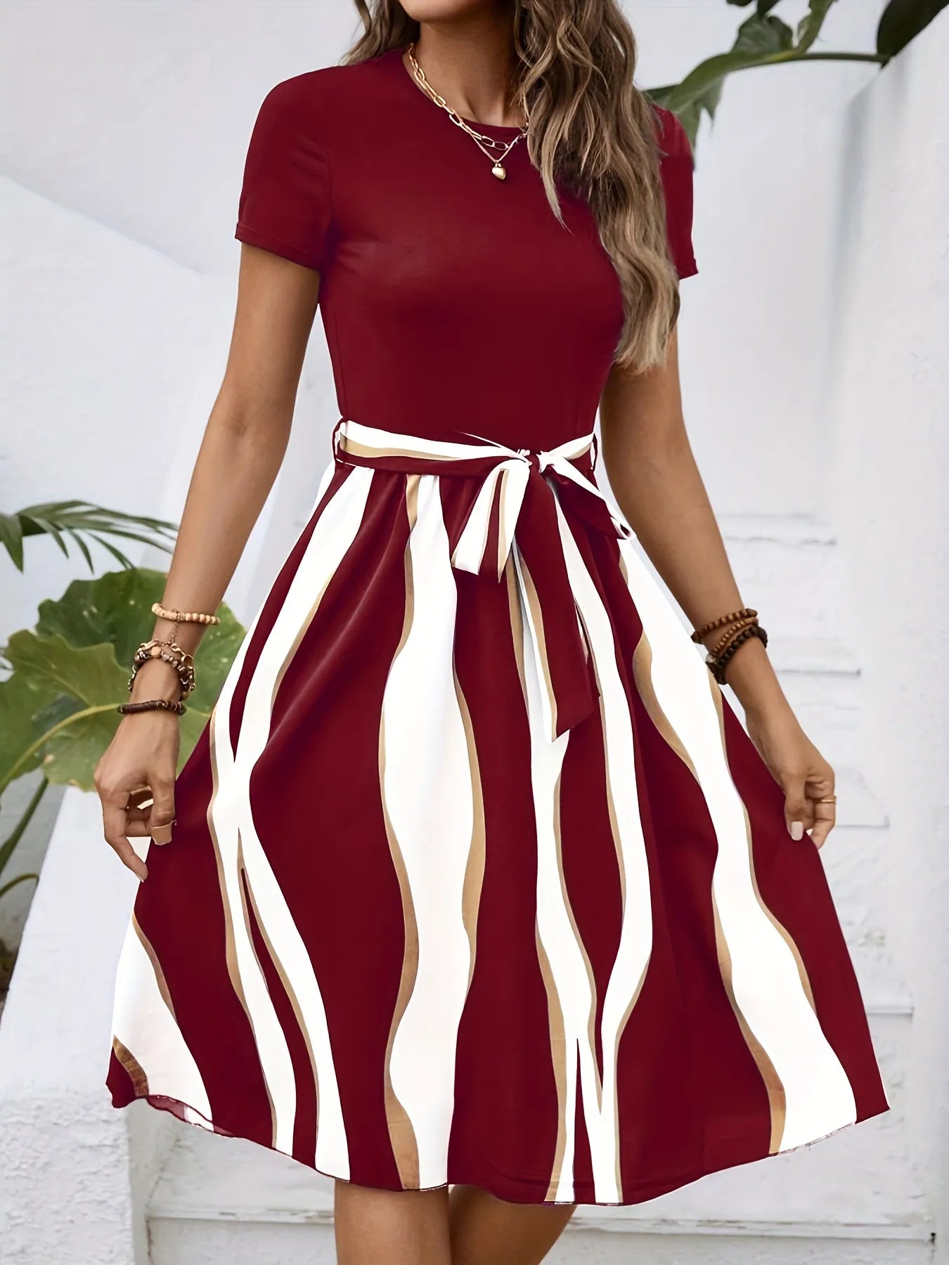 Sienna | Striped Midi Dress with Tie Belt at the Waist