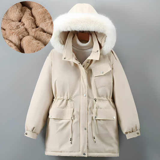 Jorunn – Veste d'hiver longue matelassée pour femme avec capuche et doublure en polaire