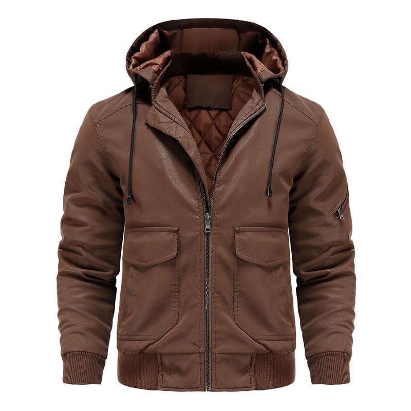 Stylish men's jacket in leather look – Hood with drawstring and ribbed cuff