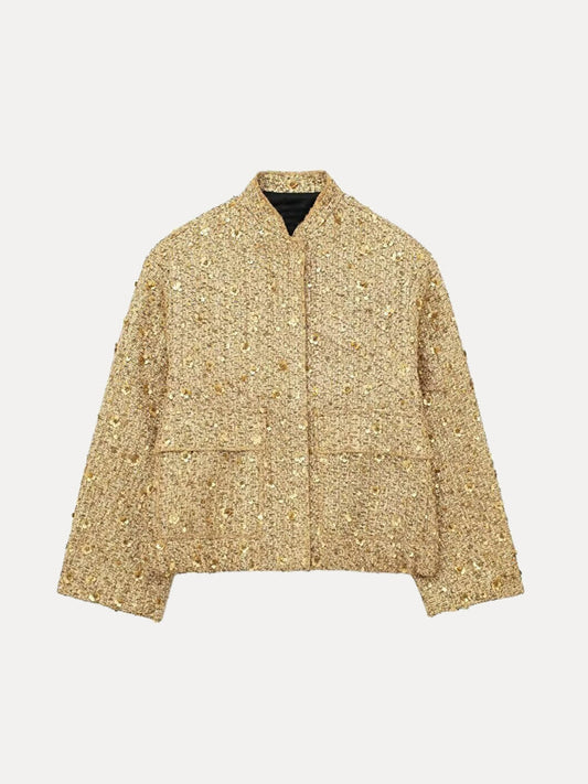 Zephira – Veste bomber en daim avec paillettes dorées – Douce et élégante