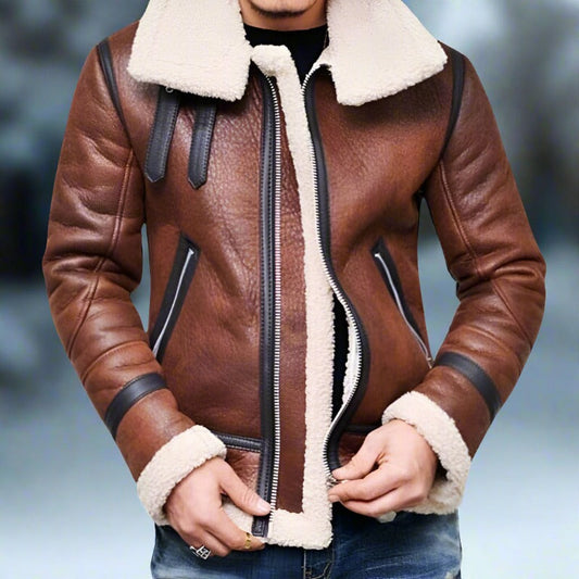Veste en cuir shearling pour homme – blouson aviateur classique avec polaire chaude et poches zippées