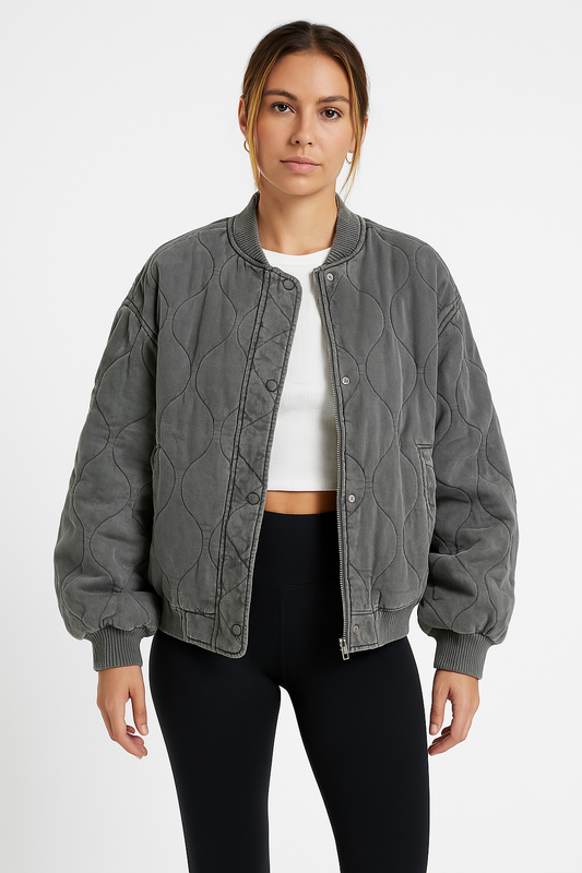 Veste bomber oversize en daim – design matelassé & bord côtelé pour un style décontracté