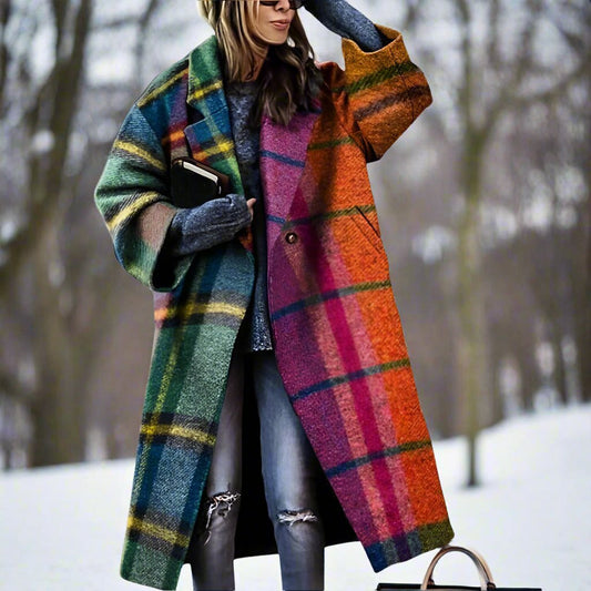 ASTRID™ | Long Manteau en Laine à Carreaux en Coupe Oversize