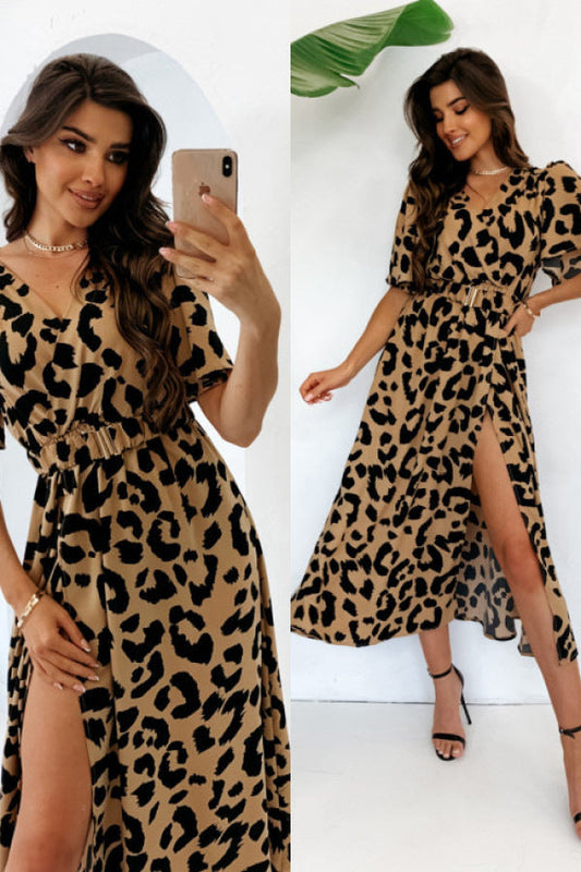 Sarena | Robe midi à motif léopard avec décolleté en V