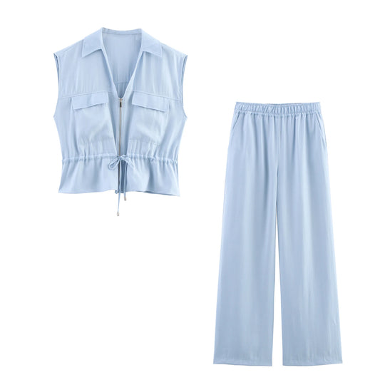 ALYSSA™ | Costume deux pièces d'été pour femme avec blouse plissée et pantalon uni