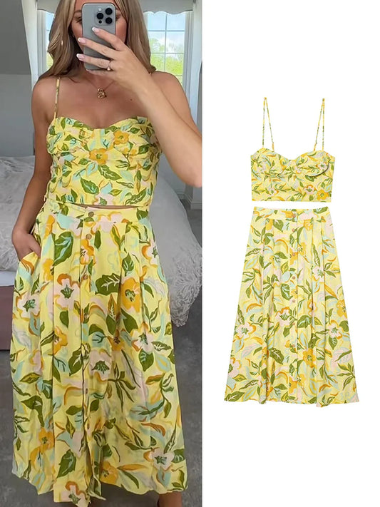 Isla | Ensemble deux pièces fleuri avec crop top et jupe trapèze