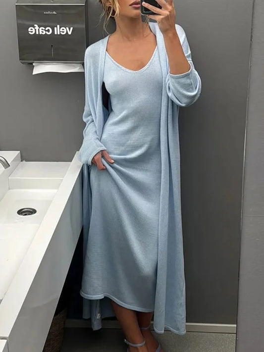 Selena | Ensemble tricoté deux pièces avec robe longue et manteau croisé