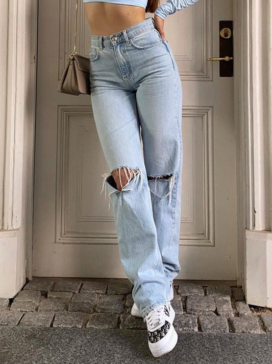 MELINA™ | Jeans déchirés taille haute, détails déchirés & jambes larges en 100% coton
