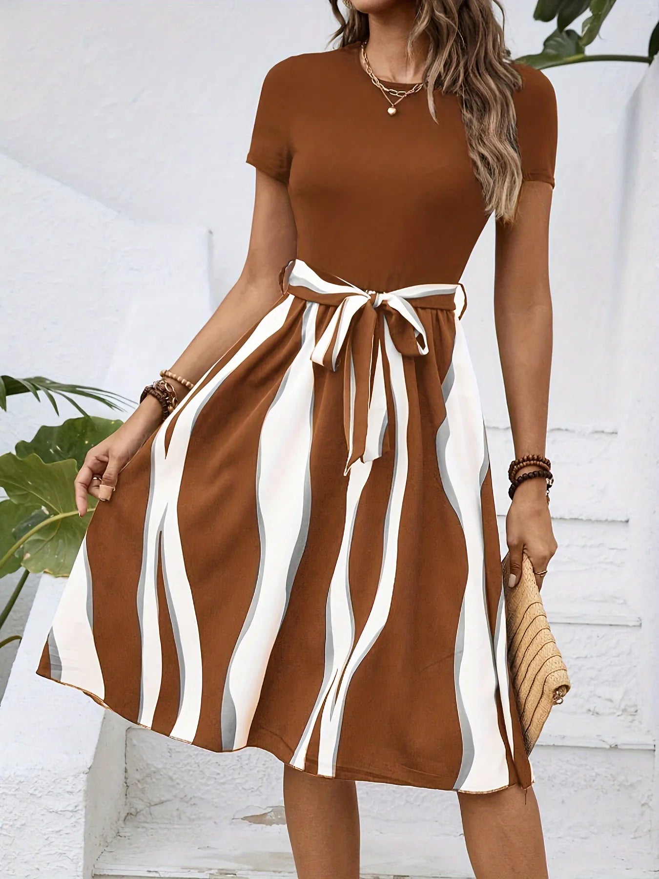 Sienna | Striped Midi Dress with Tie Belt at the Waist