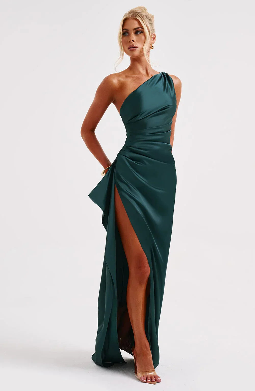 Sélène | Pleated Satin Dress with One Shoulder