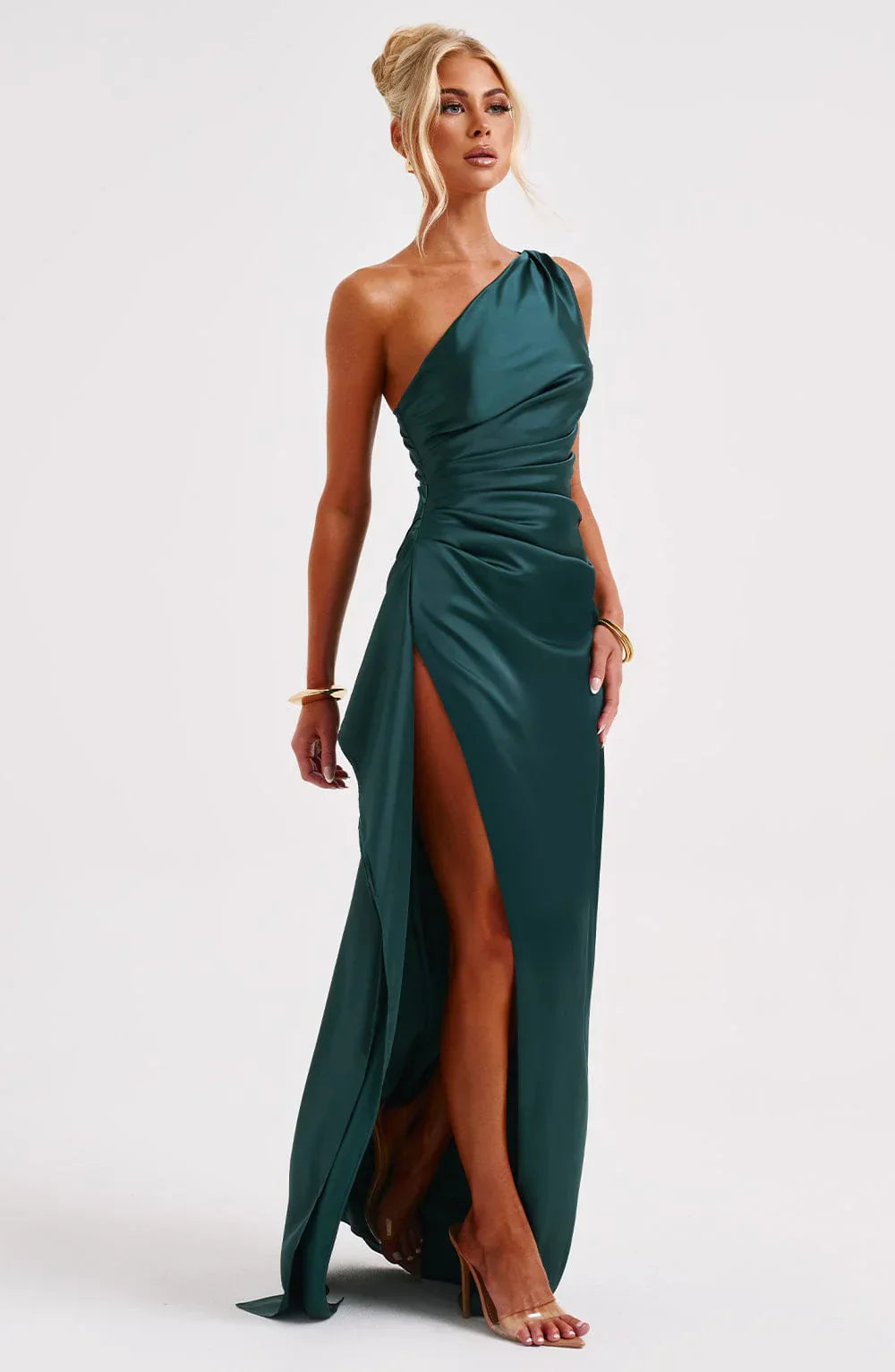 Sélène | Pleated Satin Dress with One Shoulder