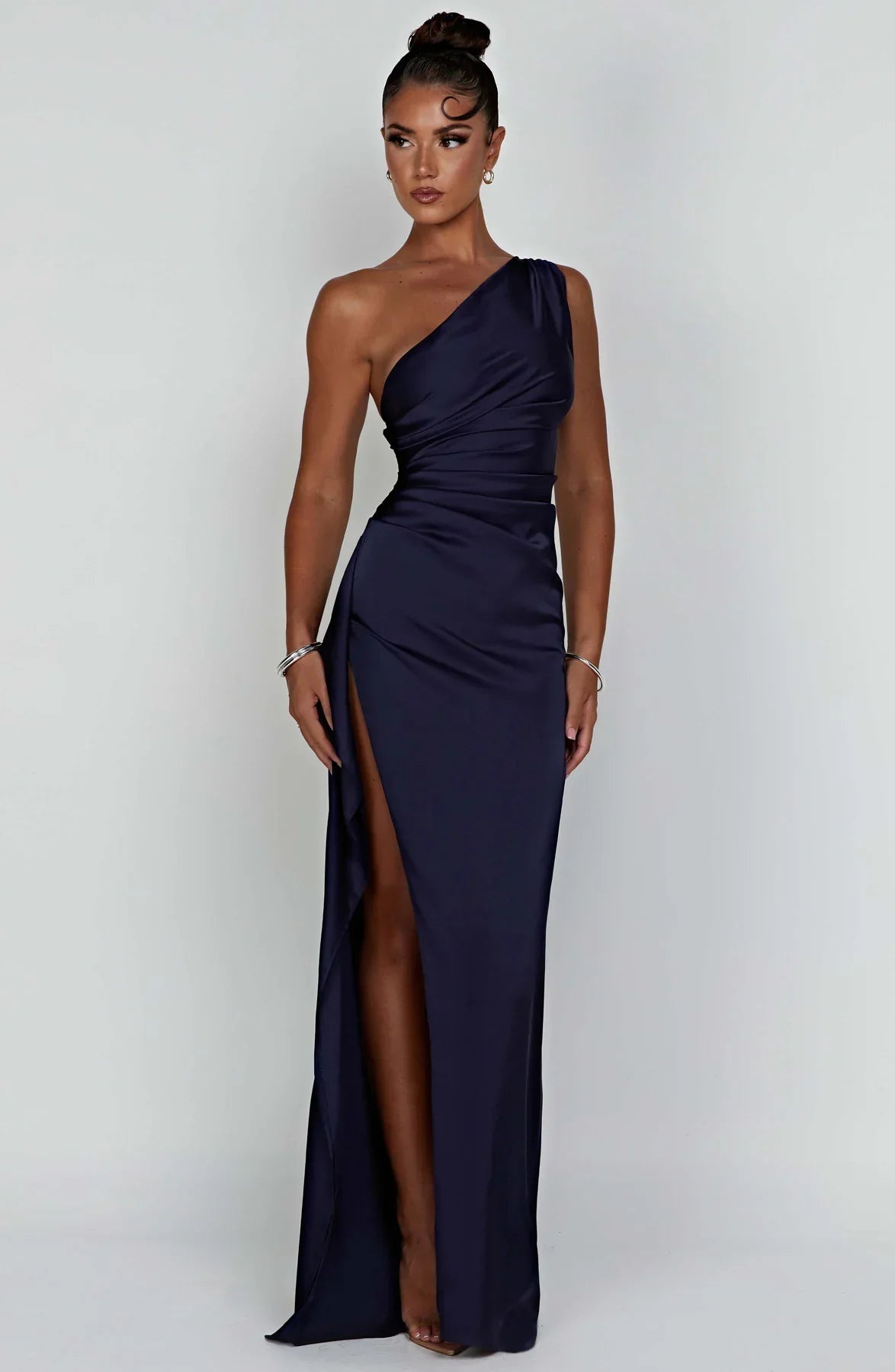 Sélène | Pleated Satin Dress with One Shoulder