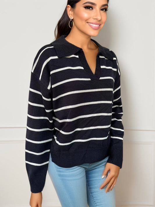 Pull Thyra avec épaules tombantes et imprimé rayé – Pull tricoté élégant pour femme