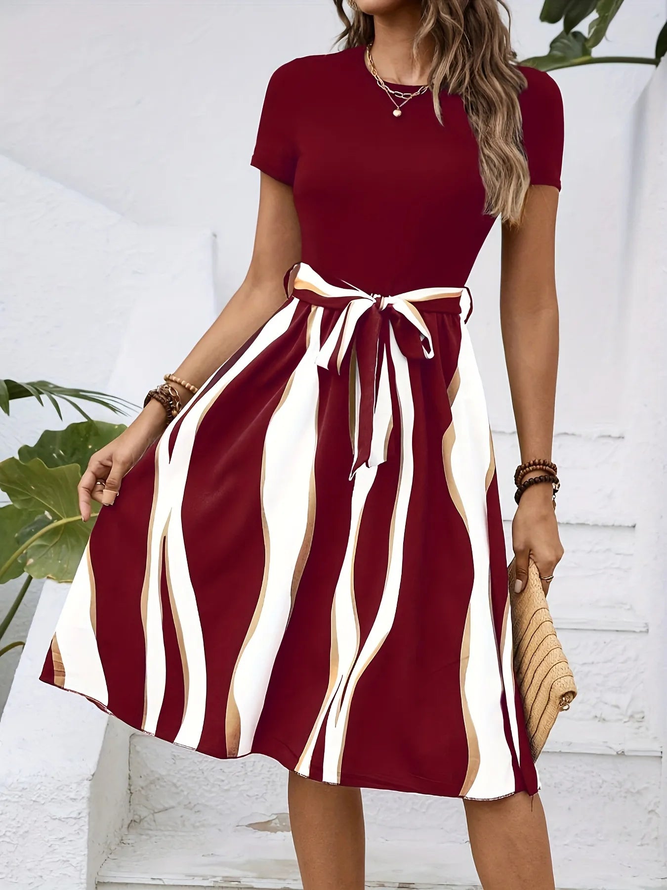 Sienna | Striped Midi Dress with Tie Belt at the Waist