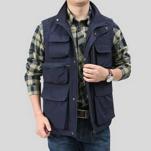 Gilet homme avec poches cargo – coupe régulière avec fermeture éclair et bouton-pression