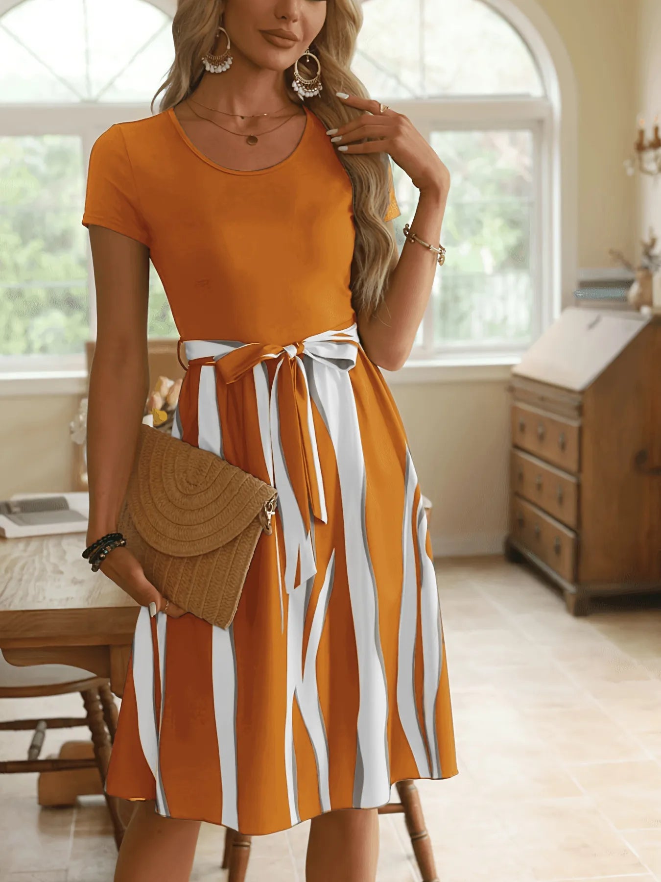 Sienna | Striped Midi Dress with Tie Belt at the Waist