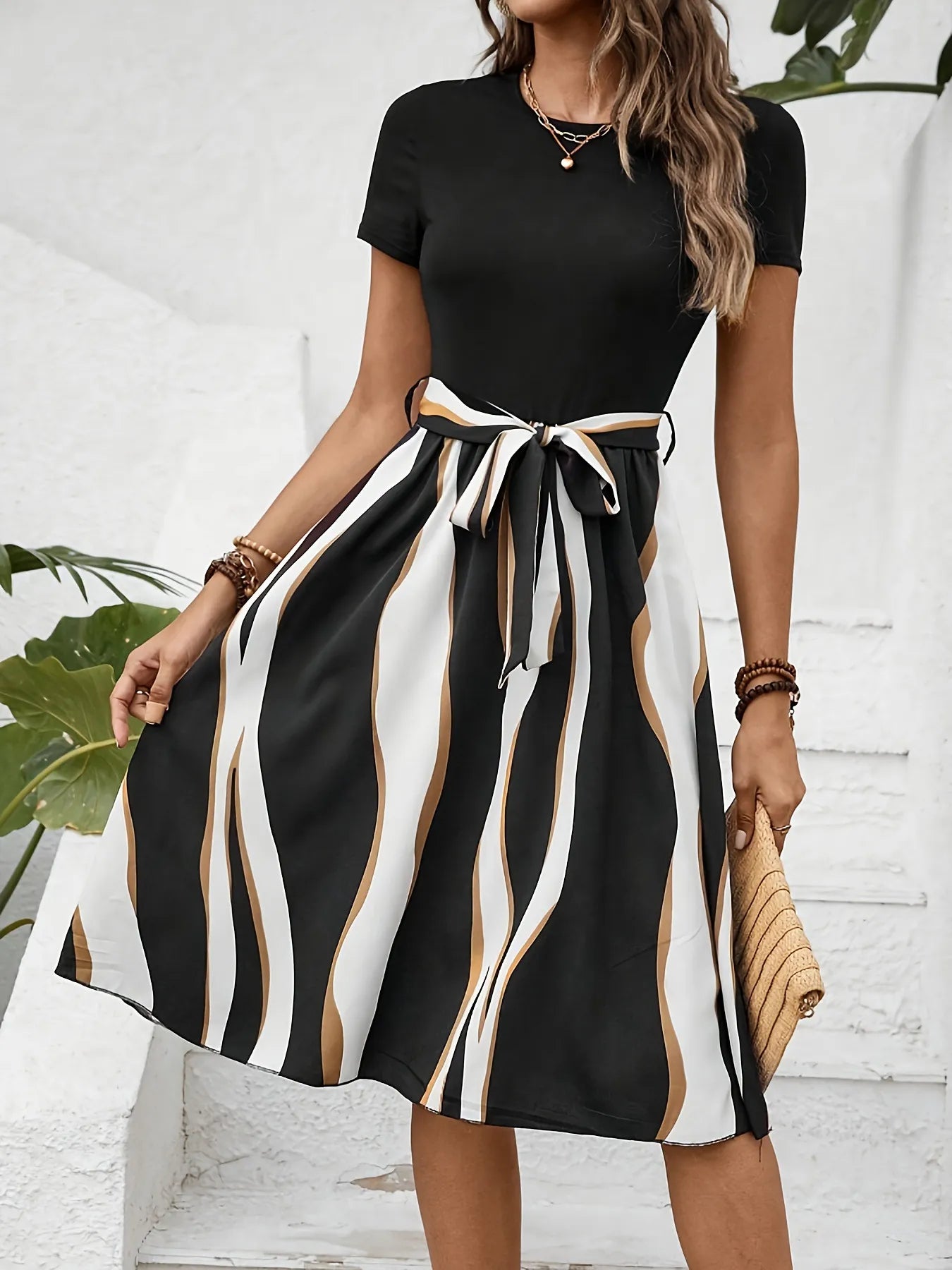 Sienna | Striped Midi Dress with Tie Belt at the Waist