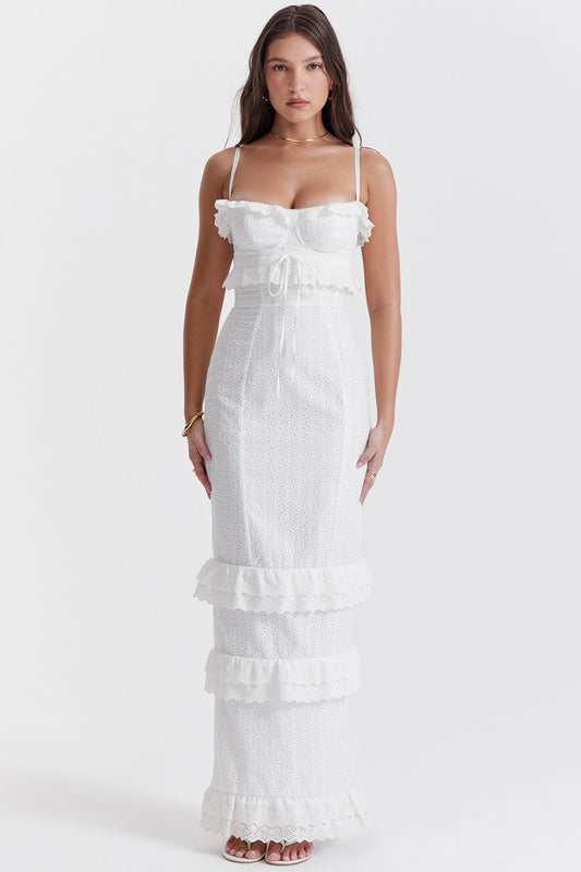 ELINA | Robe maxi brodée en mélange de coton blanc
