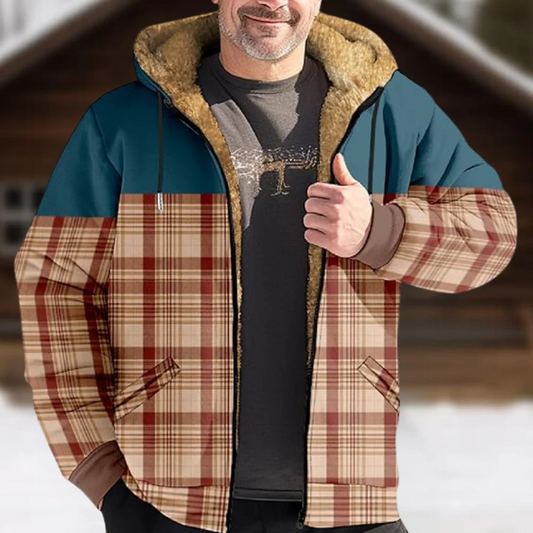 Veste d'homme mi-longue avec capuche et fausse fourrure – Style décontracté à carreaux