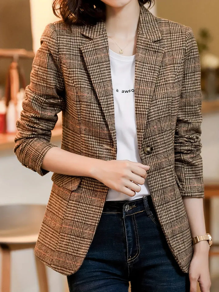 MARLENE™ | Dam Blazer med Rutigt Mönster och En-Knappsstängning