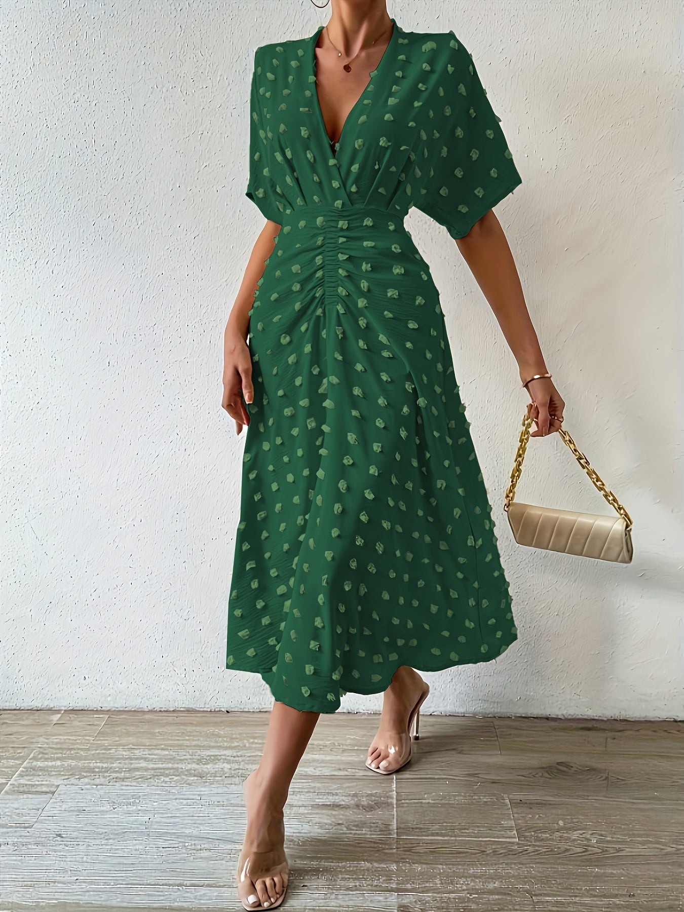 Felicia – Polka Dot Midi Dress with Elegant Ruching Detail