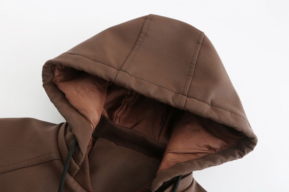 Stylish men's jacket in leather look – Hood with drawstring and ribbed cuff