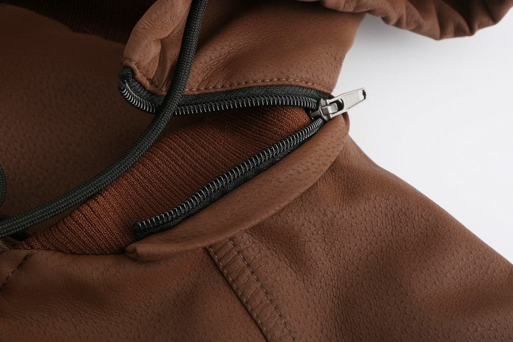 Stylish men's jacket in leather look – Hood with drawstring and ribbed cuff