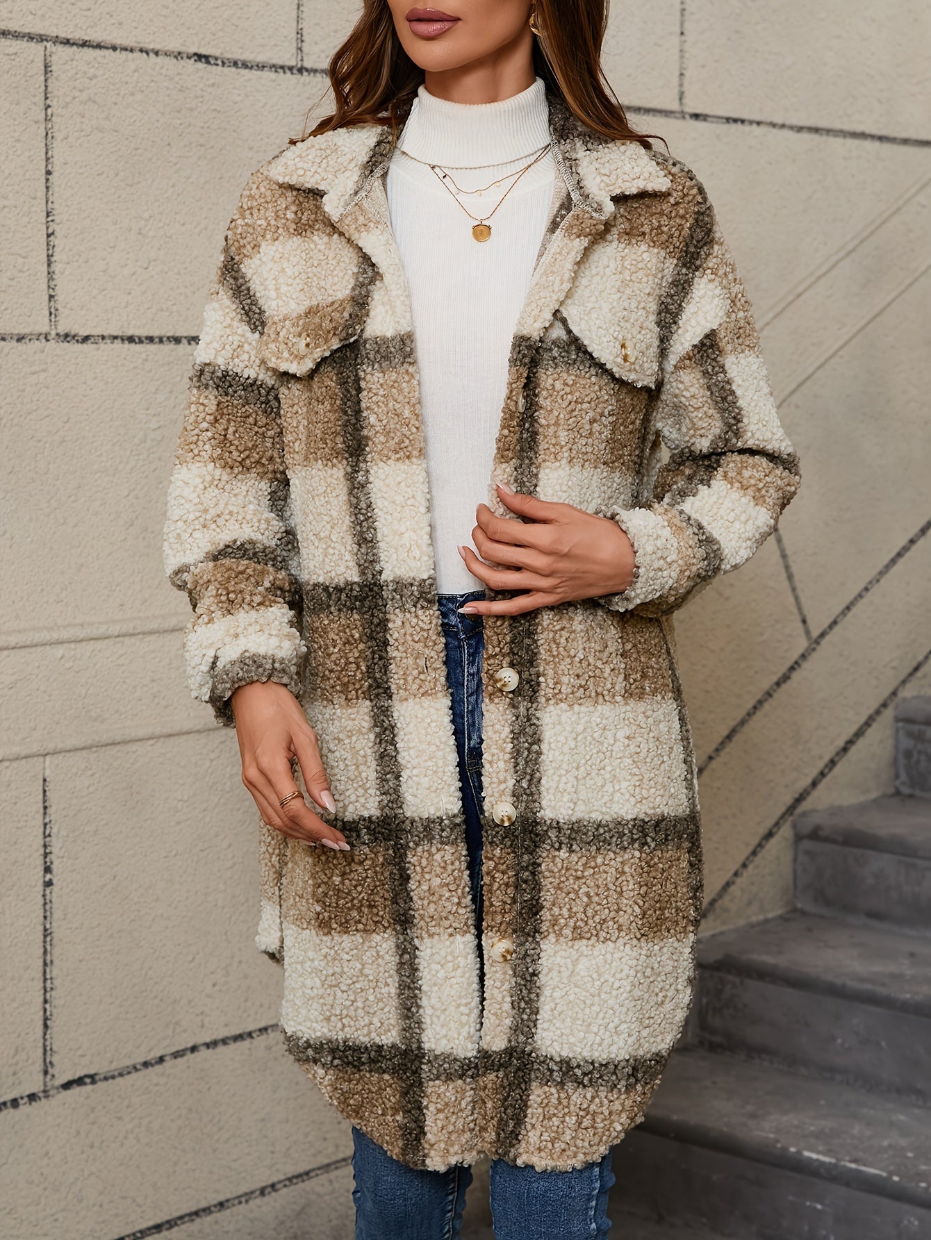Freja™ | Long Fuzzy Jacket with Checkered Pattern & Button Closure