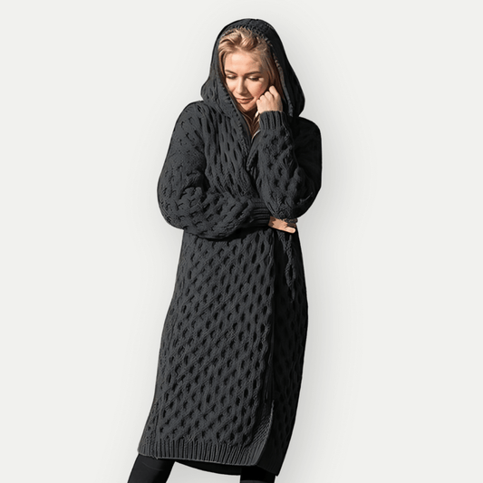 Down Jacket with Hood – Relaxed Fit, Long Cable Knit Open Front