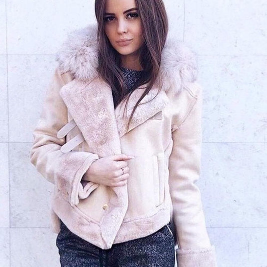 Shearling Down Jacket – Biker Style with Asymmetric Zipper and Adjustable Buckles