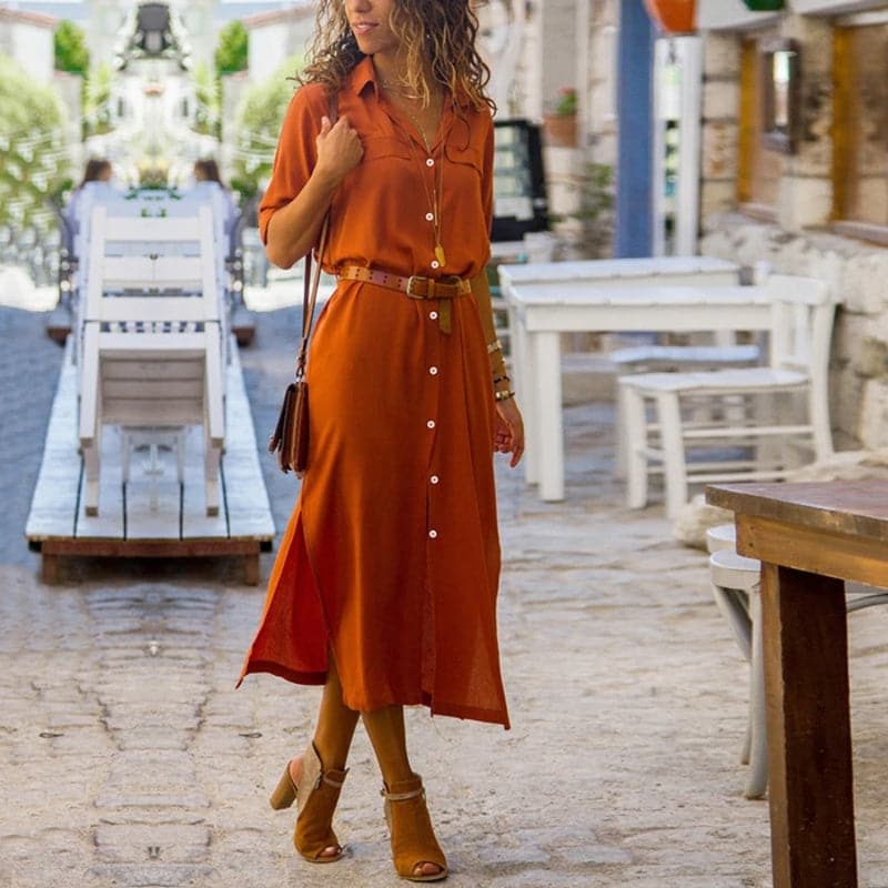 Lucie | Elegant Sommarklänning med Bälte i Bränd Orange Ton