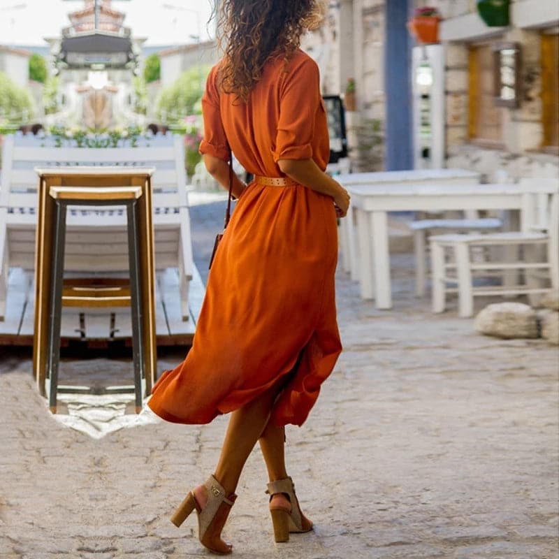 Lucie | Elegant Sommarklänning med Bälte i Bränd Orange Ton