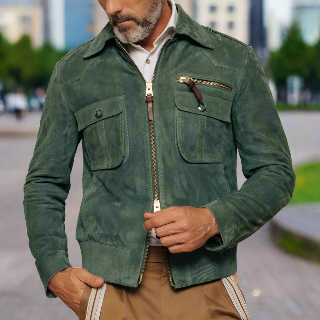 Men's Jacket in Genuine Suede – Slim Fit with Zipper and Chest Pockets
