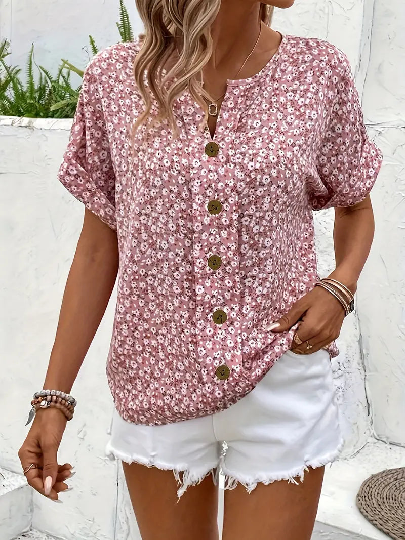Lovisa | Floral short-sleeved button-up blouse with loose fit
