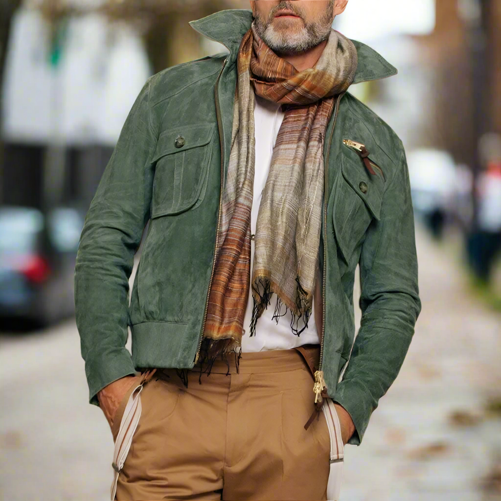 Men's Jacket in Genuine Suede – Slim Fit with Zipper and Chest Pockets