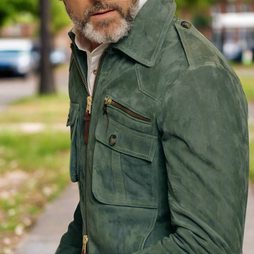 Men's Jacket in Genuine Suede – Slim Fit with Zipper and Chest Pockets