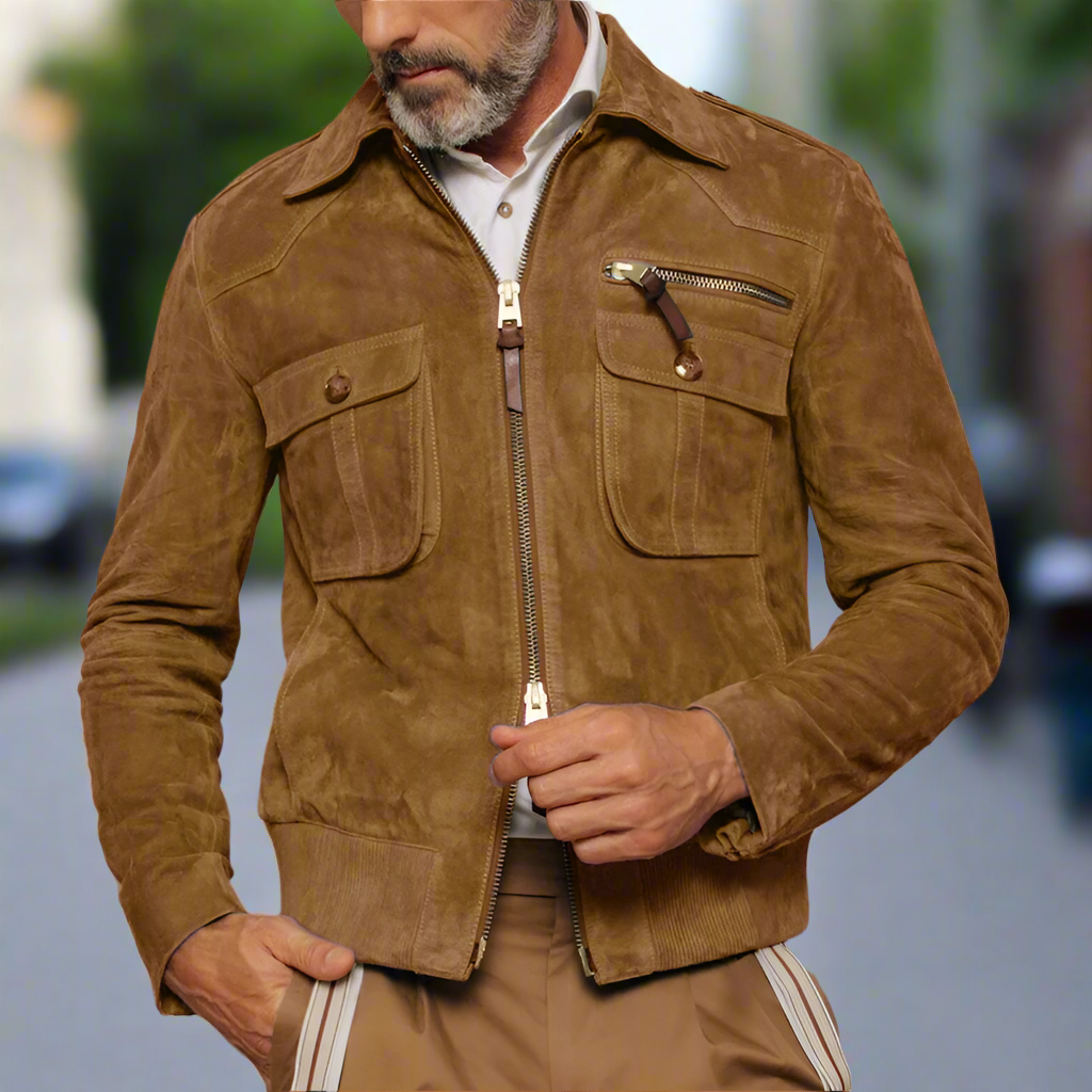 Men's Jacket in Genuine Suede – Slim Fit with Zipper and Chest Pockets