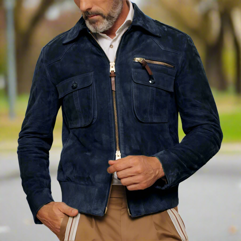Men's Jacket in Genuine Suede – Slim Fit with Zipper and Chest Pockets