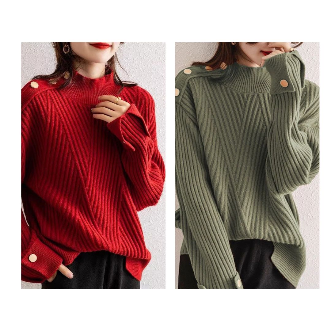 Saphira Knitted High Neck Sweater – Dametrøje med knapdetaljer