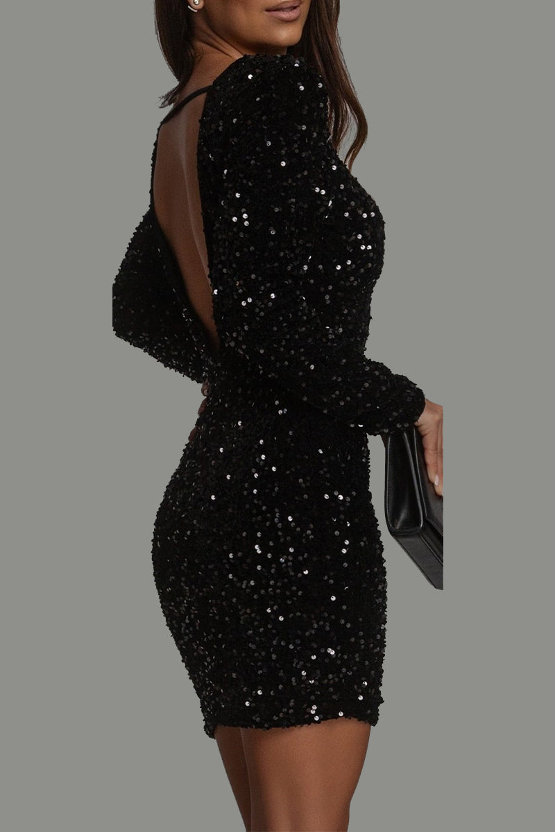 ELVIRA™ | Sequin-Embellished Mini Dress with Open Back and Long Sleeves