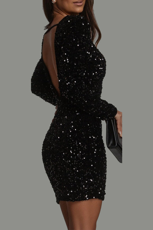 ELVIRA™ | Sequin-Embellished Mini Dress with Open Back and Long Sleeves