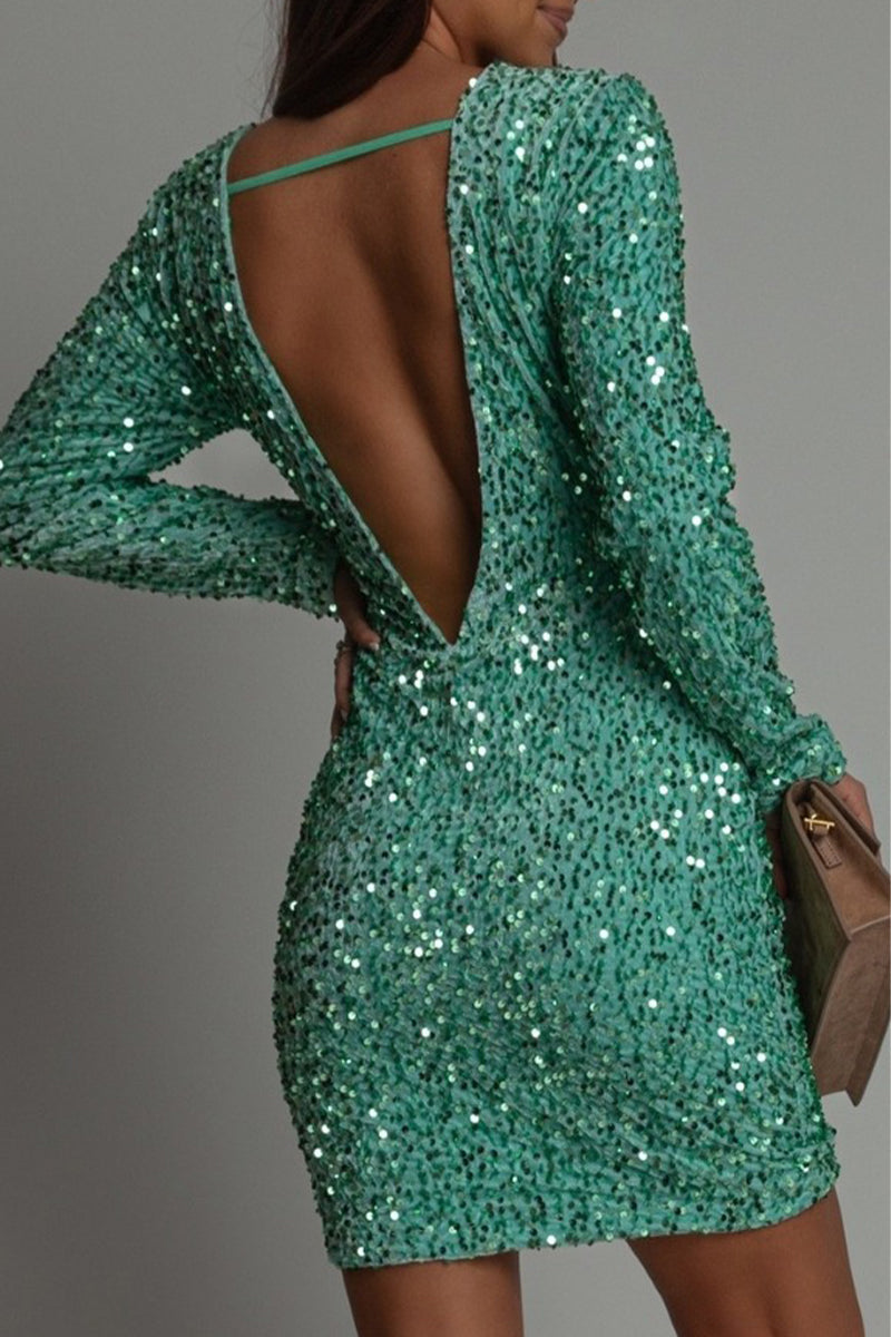 ELVIRA™ | Sequin-Embellished Mini Dress with Open Back and Long Sleeves