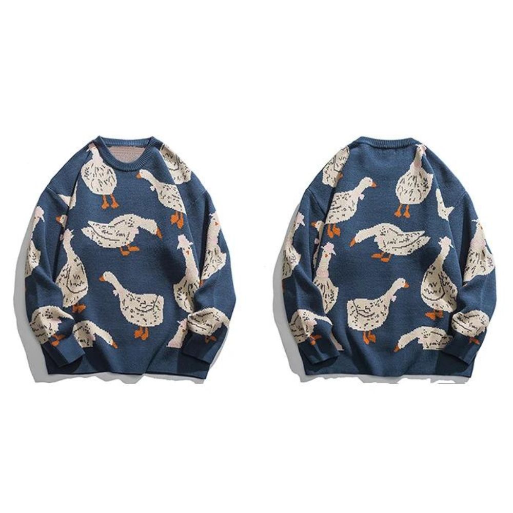 Querina Duck Mønstret Sweater – Dame Strik Sweater med Rund Hals